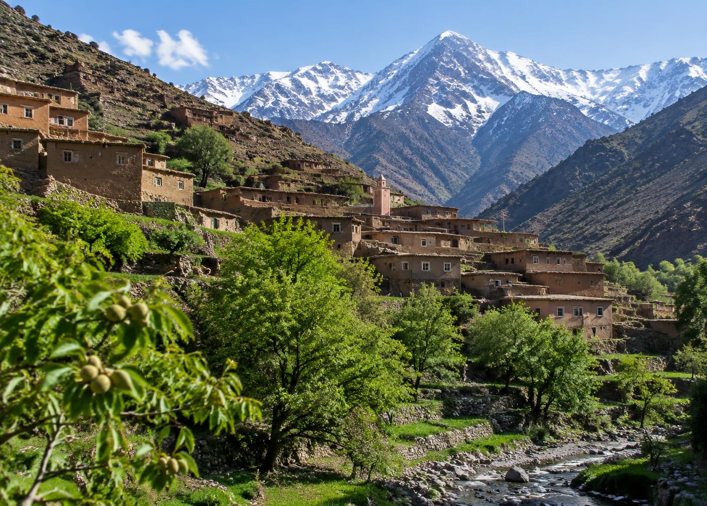 Terraced Berber village in the High Atlas Mountains near Imlil