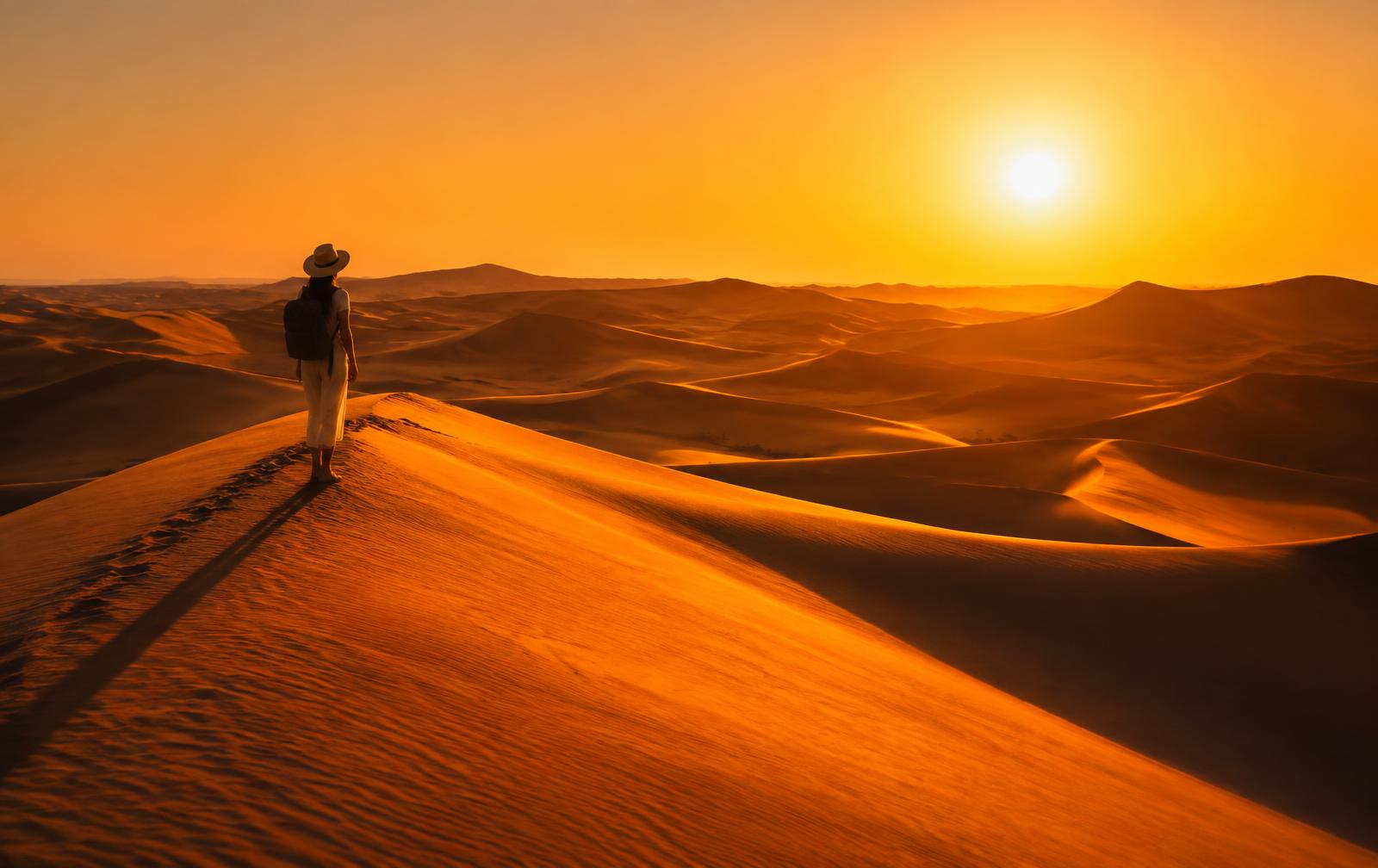 A woman traveler standing on a Sahara dune ridge at golden sunset